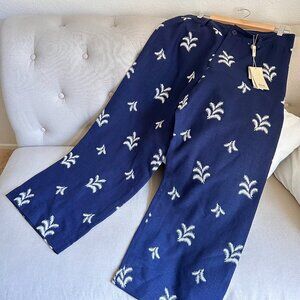 Elie Tahari Women's12 Navy Blue Linen Wide Leg Pants Trousers Embroidered Floral